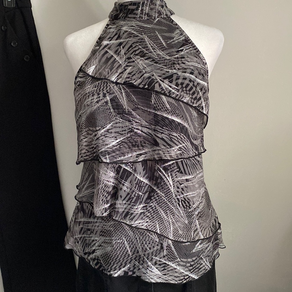 New IZ Byer Women’s Sleeveless Halter Tie Neck Dress Blouse Metallic Print